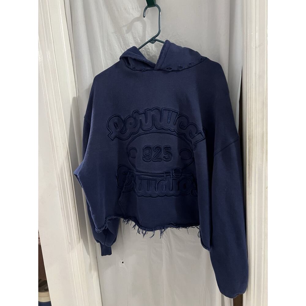 Cernucci Blue Logo Cropped Hoodie Kanga Pockets Distressed Sz M - Picture 2 of 9